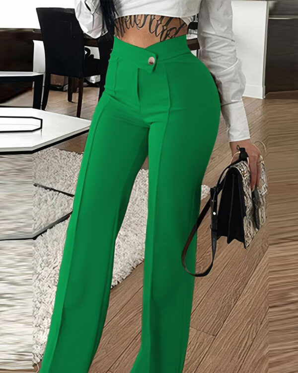 Slim Straight-leg Pants With Buckle Fashion Solid Color Trousers For Womens Clothing - Image 2