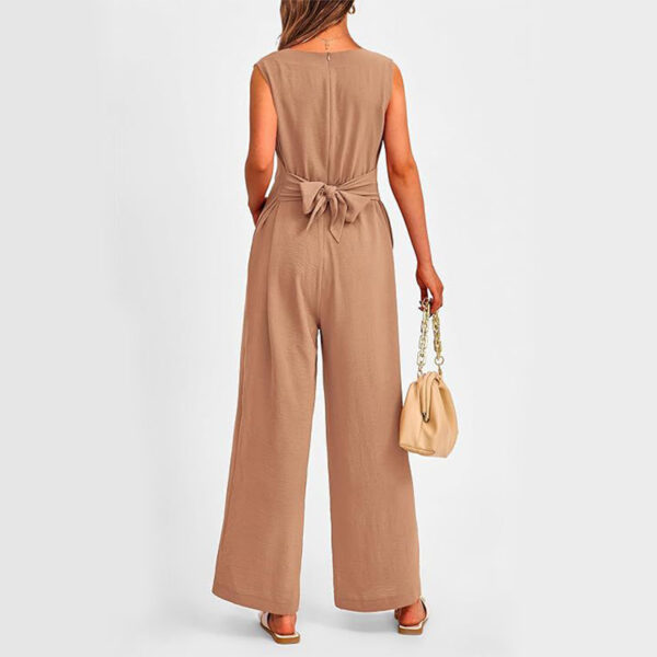 New V-neck Sleeveless Long Jumpsuit With Pockets And Lace-up Design Wide-leg Straight Trousers Summer Womens Clothing - Image 4