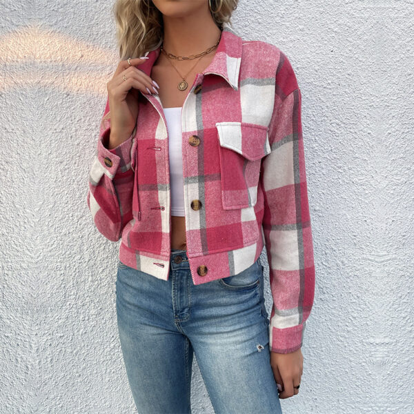 Plaid Lapel Cropped Jacket With Pockets Fashion Button Long Sleeve Short Outwear Tops Coat For Womens Clothing - Image 10