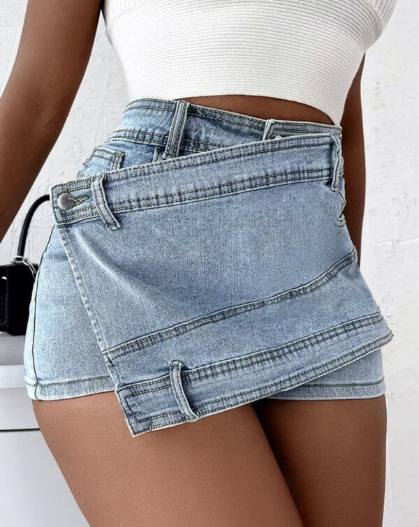 Y2K Street Vintage Denim Shorts Stretch Overlap Waist Wrap Solid Asymmetrical Hem A-Line Skinny Mini Skorts Skirt - Image 7