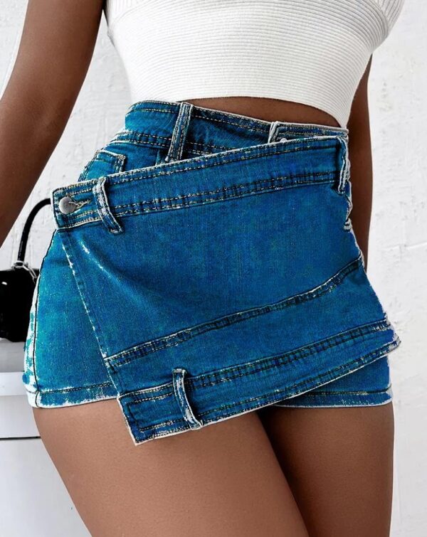 Y2K Street Vintage Denim Shorts Stretch Overlap Waist Wrap Solid Asymmetrical Hem A-Line Skinny Mini Skorts Skirt - Image 5