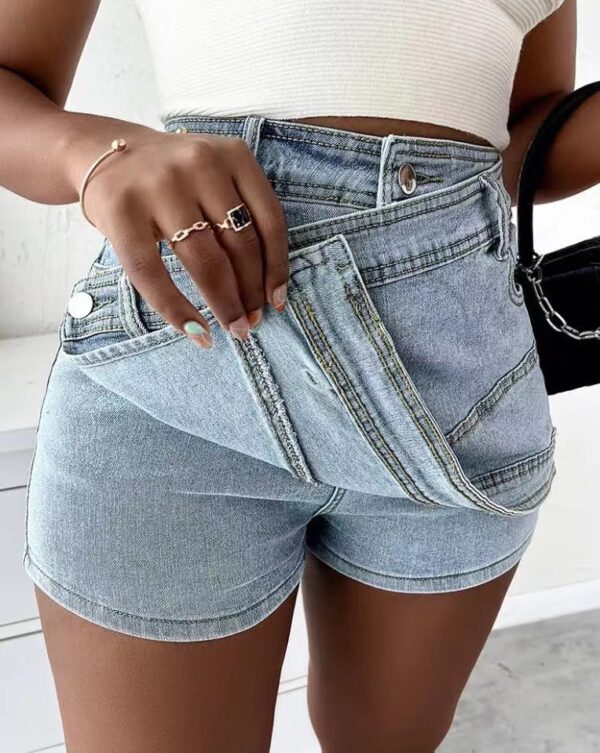 Y2K Street Vintage Denim Shorts Stretch Overlap Waist Wrap Solid Asymmetrical Hem A-Line Skinny Mini Skorts Skirt - Image 4