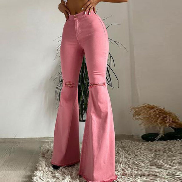 Colored Stretch Denim Trousers With Ripped Frayed Flared Trousers - Image 3