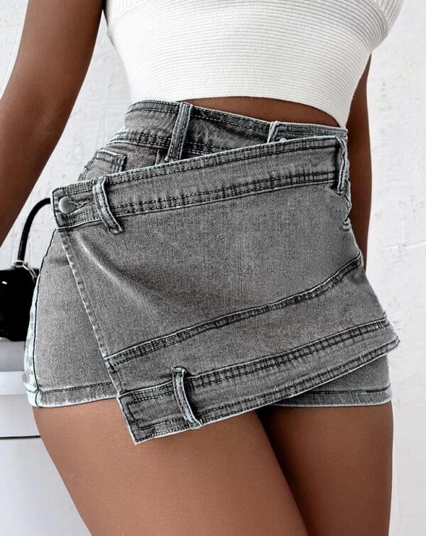 Y2K Street Vintage Denim Shorts Stretch Overlap Waist Wrap Solid Asymmetrical Hem A-Line Skinny Mini Skorts Skirt - Image 2