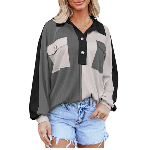 Lapel Long Sleeve Top Leisure Style Color Matching Thread Sweater - Image 6