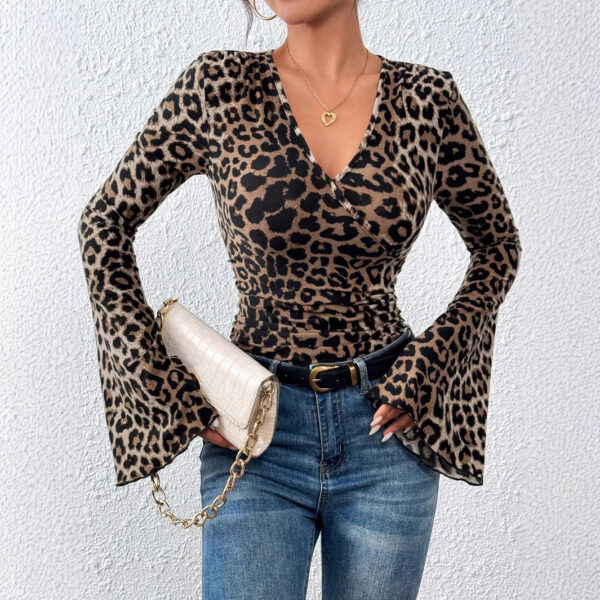 Leopard Layered V-neck Flared Sleeves Slim-fit Sexy Knitted Top - Image 5