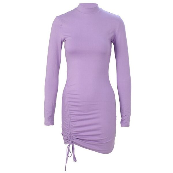 Turtleneck Purple Long Sleeve Pleated Tie Dress - Image 5