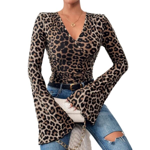 Leopard Layered V-neck Flared Sleeves Slim-fit Sexy Knitted Top - Image 2